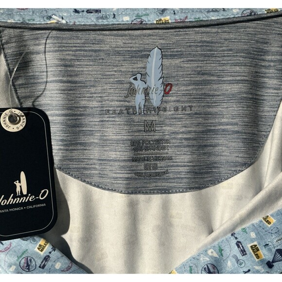NEW JOHNNIE O Featherweight Golf Polo Blue Air Mail Print Size Medium MSRP $110 - Picture 3 of 7